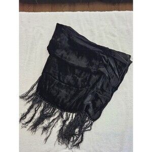 Women's Black Textured Velvet Scarf, Tangled Fringe Accent 16" x 55"